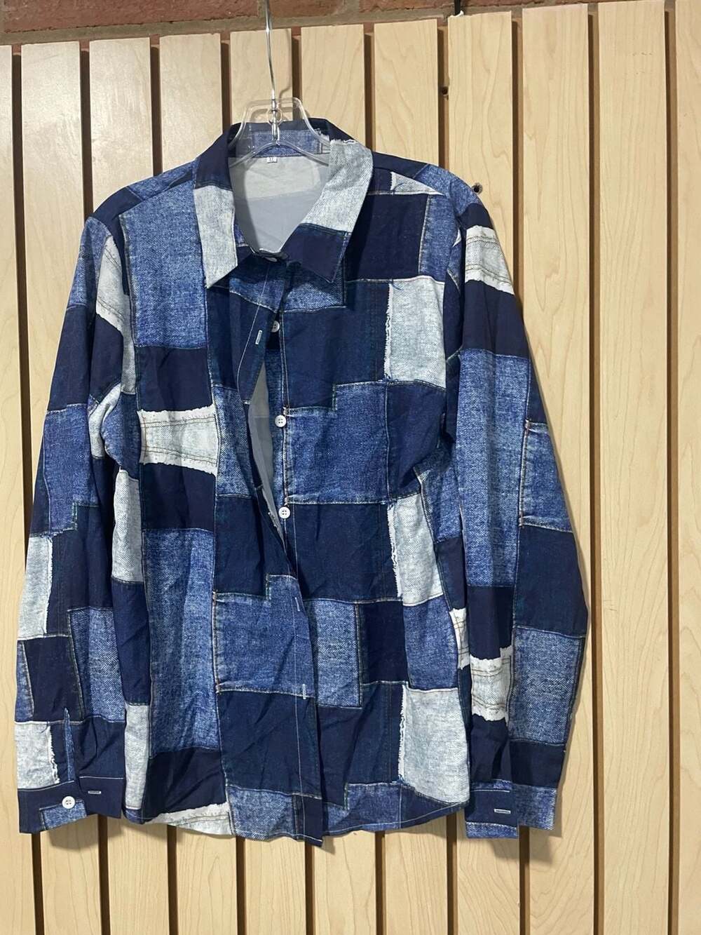 Unbrande  Faux Denim Patchwork Digital Print Button Down Shirt, Size XL